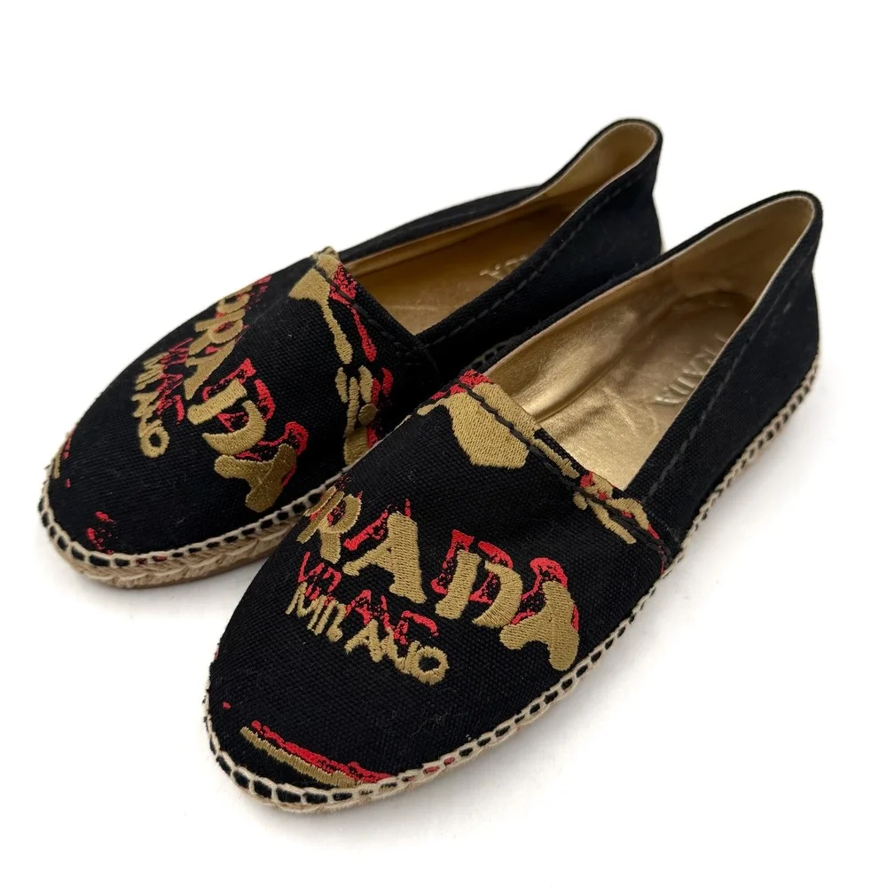 Prada Logo Espadrilles Black Canvas Gold Red Embroidered Flats Sz 36 / 6